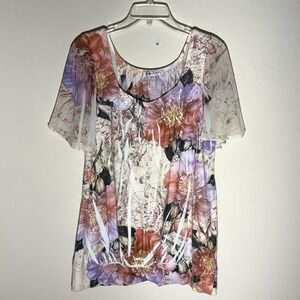 Claudia Richard XL Floral Print Top Sheer Flutter Sleeve Blouse Fairy Boho